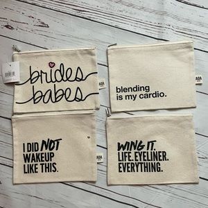 NWT AOA Studio 4 Pc Make Up Bag Purchasing Set White Canvas 6”x8” Brides Babes